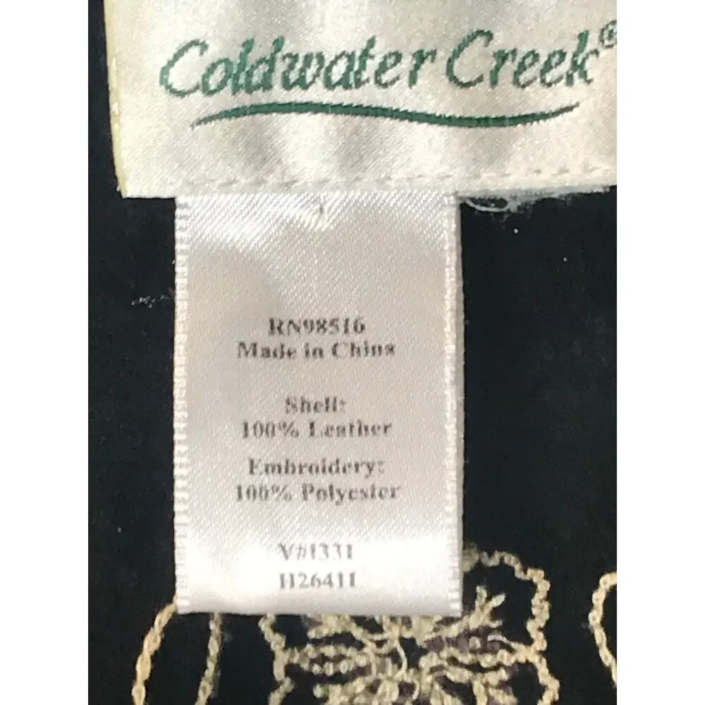 Coldwater Creek Leather Vest Womens L Black Floral Embroidered Zip Boho Western